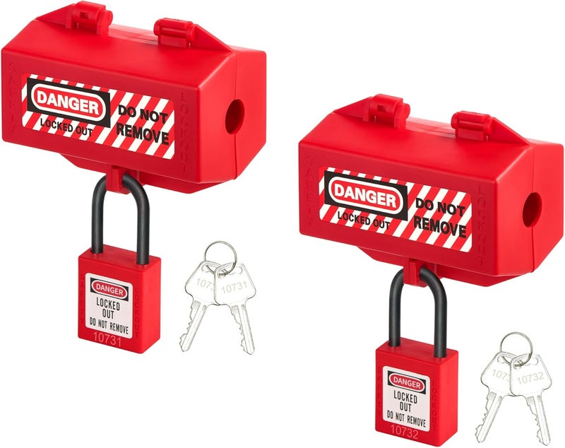 SATTRON Tagout Lockout Plug Lock Device- 2 Pcs Red Polypropylene Plug Lockout for Electrical Plugs 110 and 220 Volt Power Cord Medium Industrial Grade Power Cord Lockout with 2 Locking Holes OSHA Compliant - Image 1